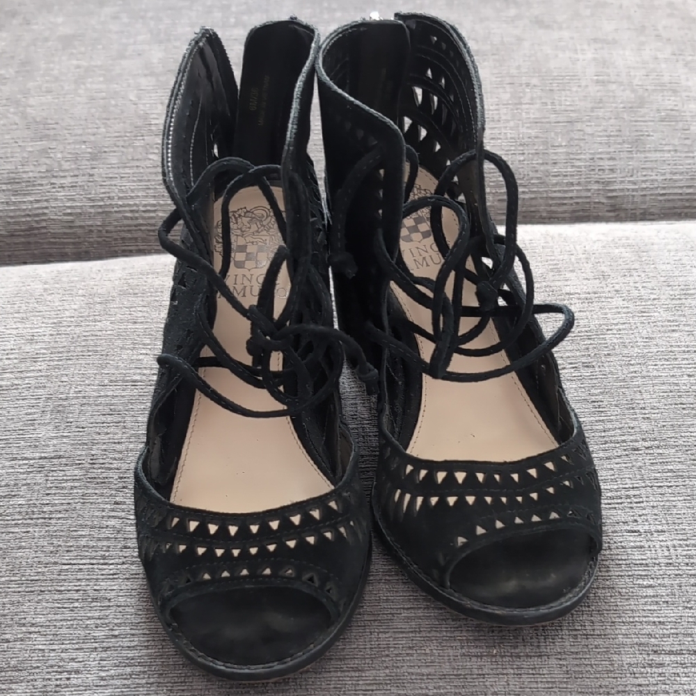 Vince Camuto Black Lace-Up Peep-Toe Heels